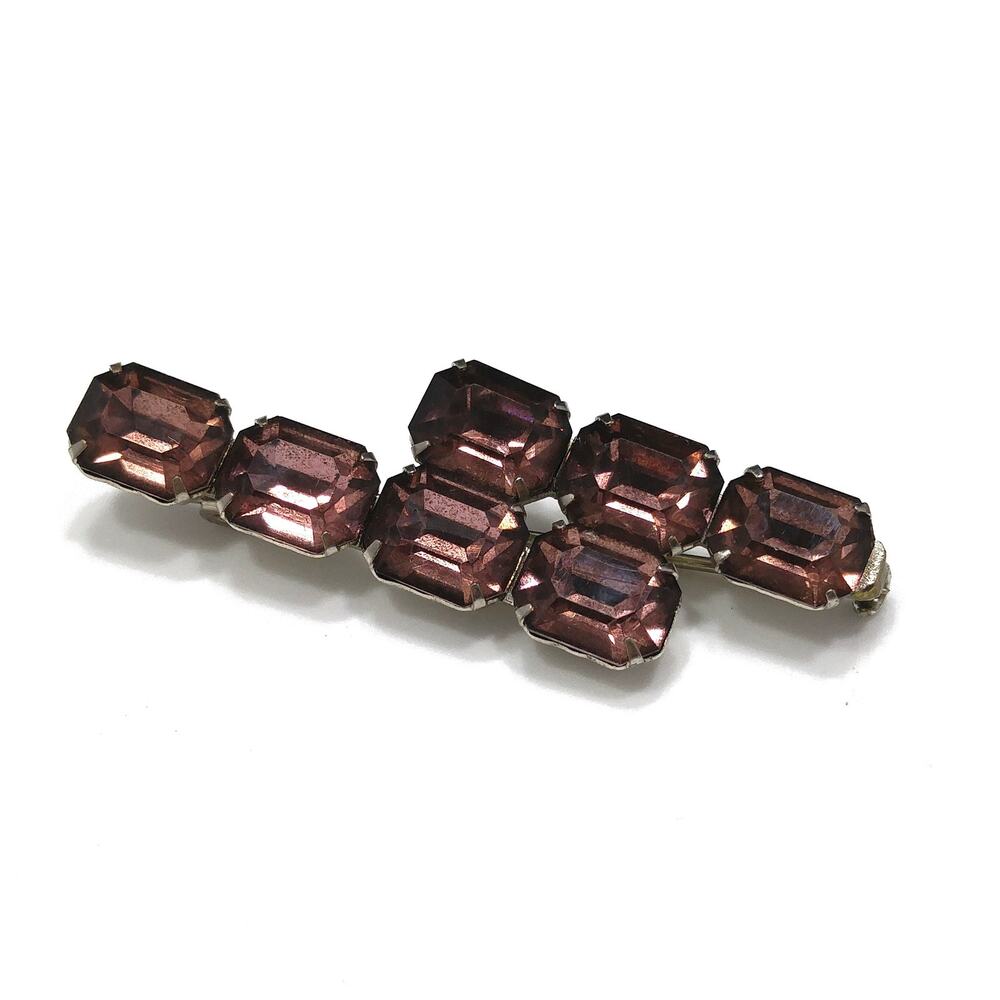 Antique Art Deco Purple Glass Double Bar Brooch, Prong Set, C Clasp, 1920s